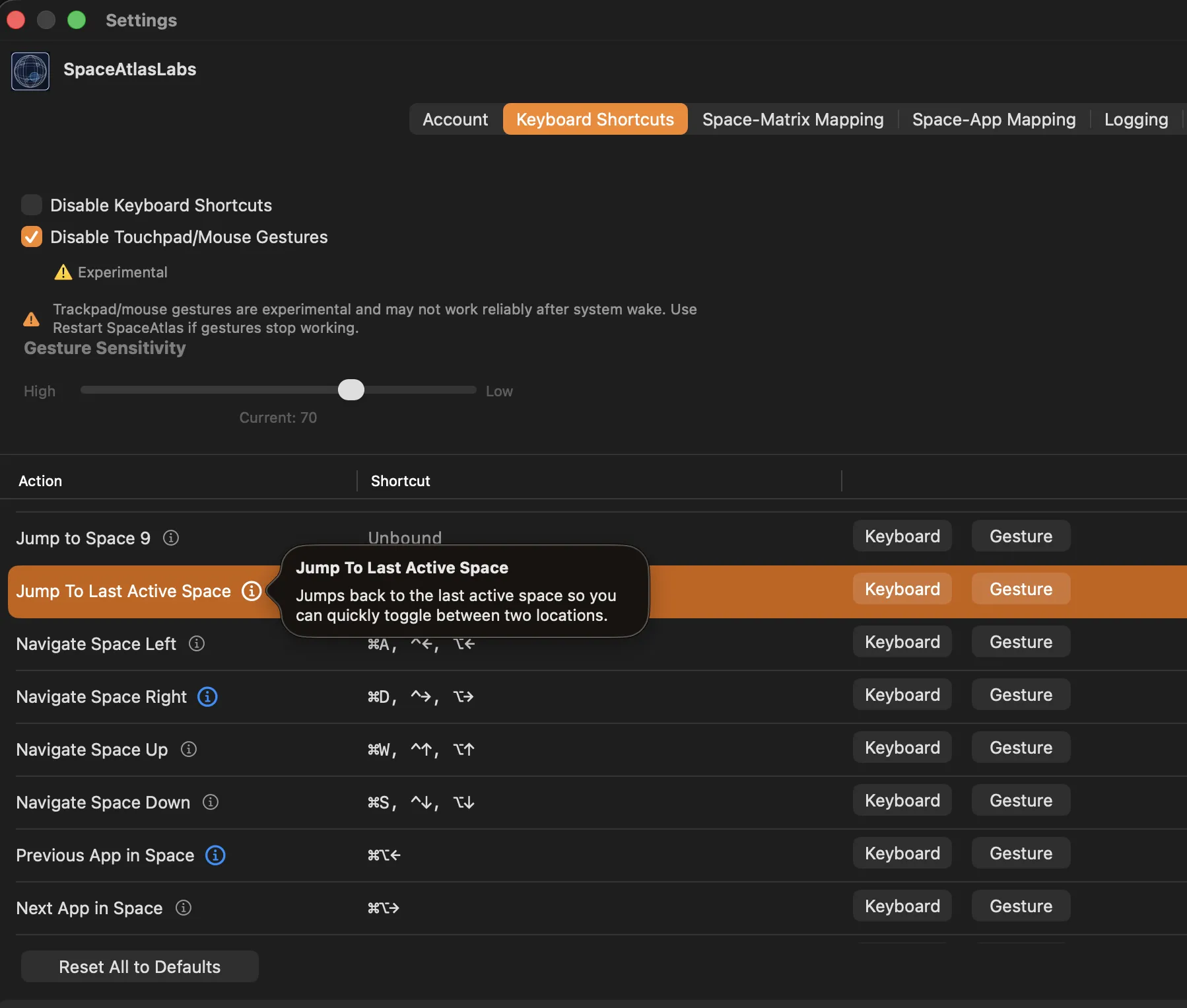Keyboard Shortcuts settings in SpaceAtlas