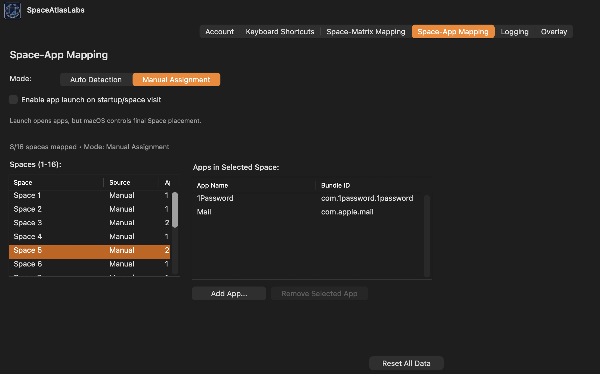 Settings UI for Application to Space Mapping